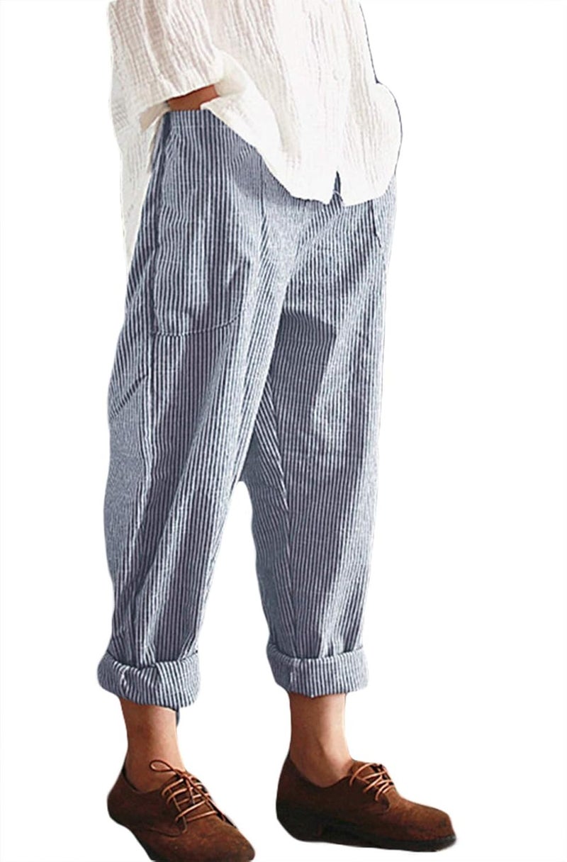 woobles Womens Striped Linen Pants Elastic Waist Cropped Trousers Capri - Image 1